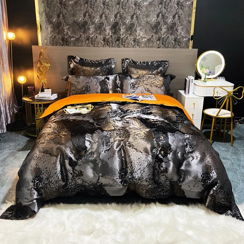 Luxury Black Gold Silver Jacquard Satin European Linen Duvet Cover Set, Egyptian Cotton 1200TC Bedding Set