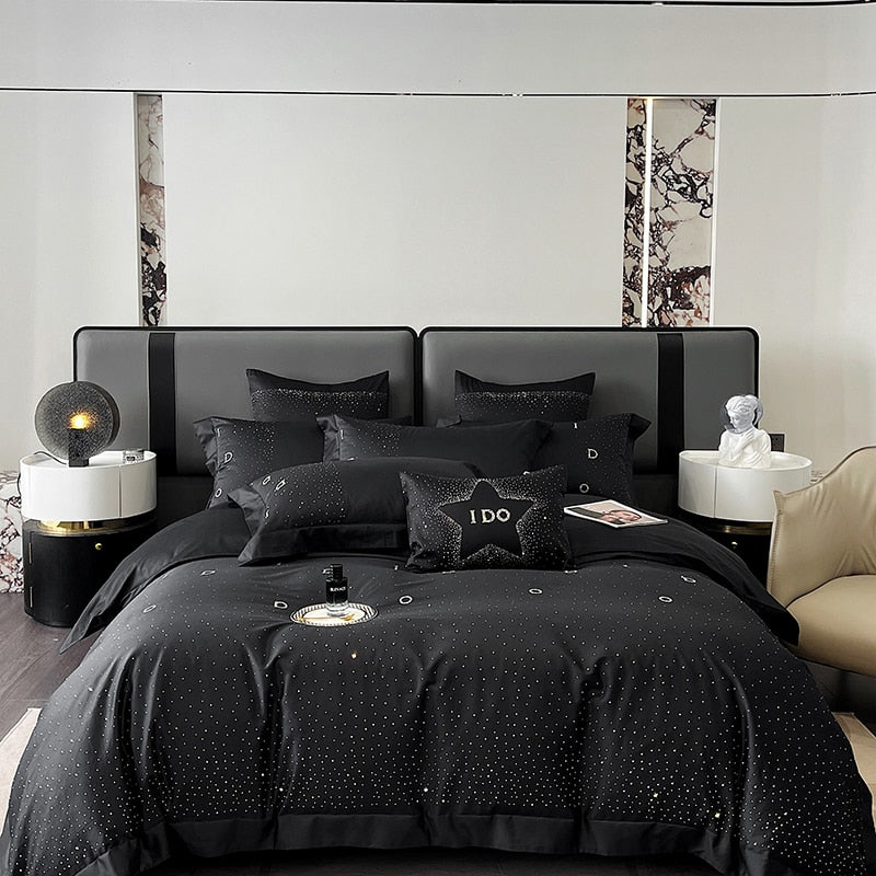 Star Rhinestone Black Red Egyptian Cotton Luxury Silky Duvet Cover Bedding Set