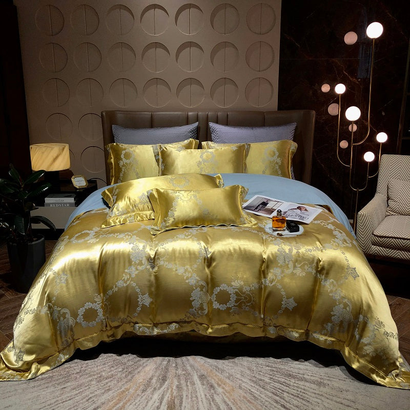 Luxury Gold Jacquard European Flower Silky Duvet Cover Set, Cotton Bedding Set