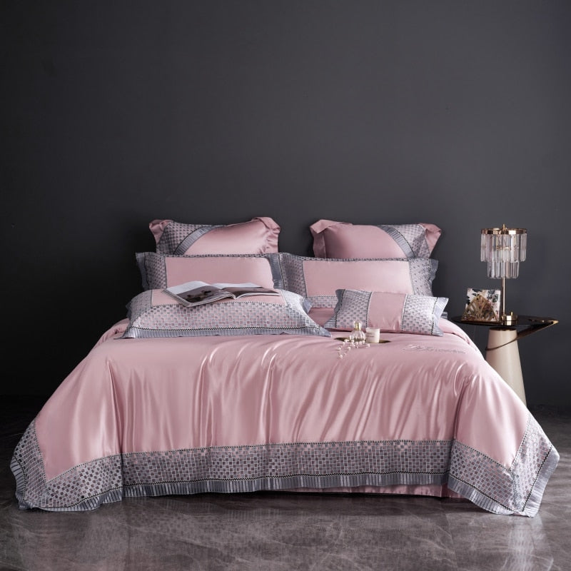 Luxury Pink Blue European Satin Princess Chic Lace Duvet Cover, Egyptian Cotton 1200TC Bedding Set