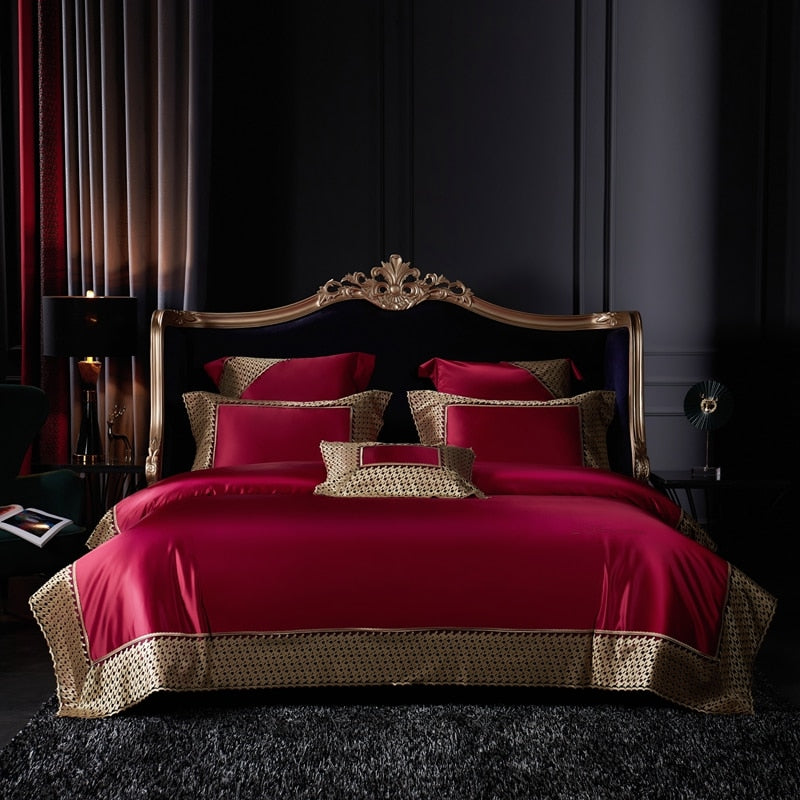 Luxury Baroque Royal Wedding Gold Lace Duvet Cover Set, Silk Cotton 1200TC Bedding Set
