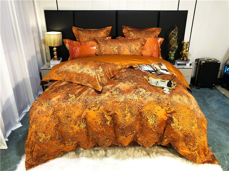 Luxury Leopard Black Orange Satin Jacquard Duvet Cover Set, Egyptian Cotton 1200TC Bedding Set