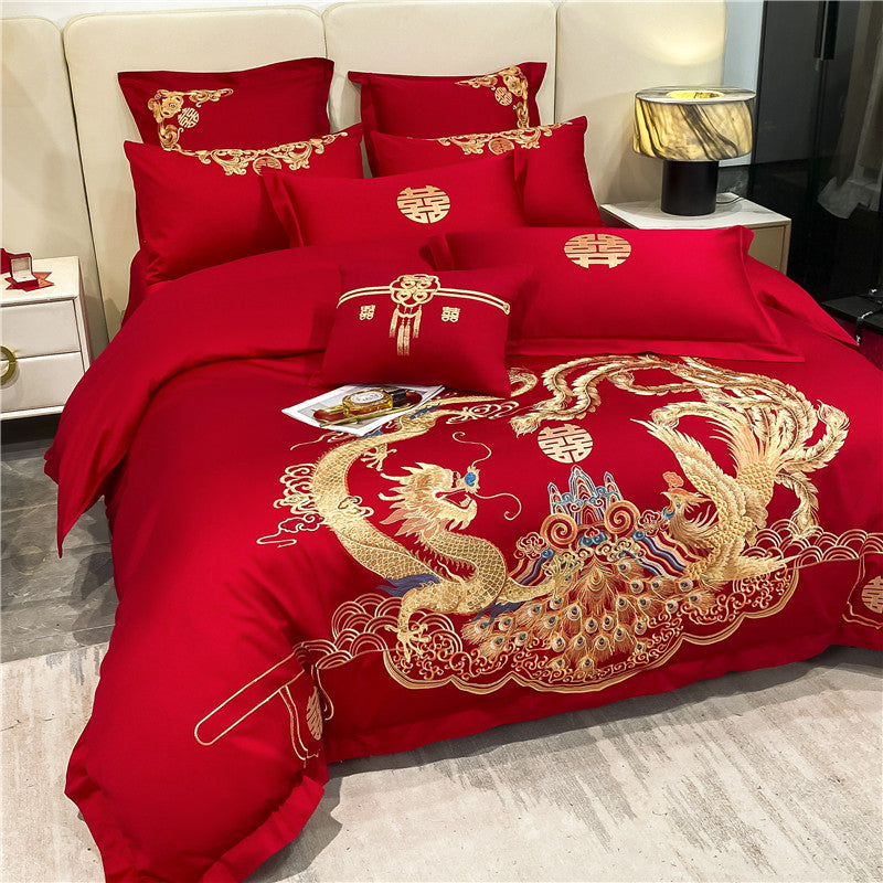 Luxury Red Dragon Tail Peacock Phoenix Wedding Duvet Cover Set, Polyester Bedding Set