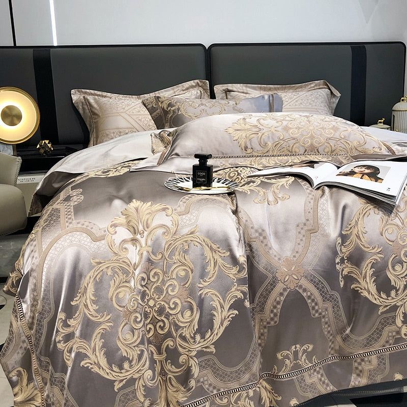 Luxury Gold Baroque Satin European Patchwork Jacquard Duvet Cover Set, 1000TC Egyptian Cotton Bedding Set