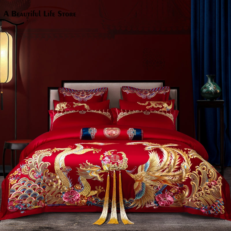 Luxury Dragon Phoenix Red Gold Tassel Wedding Wealth Duvet Cover Set, Egyptian Cotton 1000TC Bedding Set