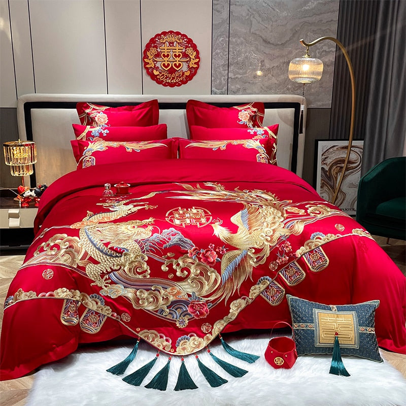 Luxury Gold Red Phoenix Wedding Wealth Duvet Cover Set, 1200TC Egyptian Cotton Bedding Set