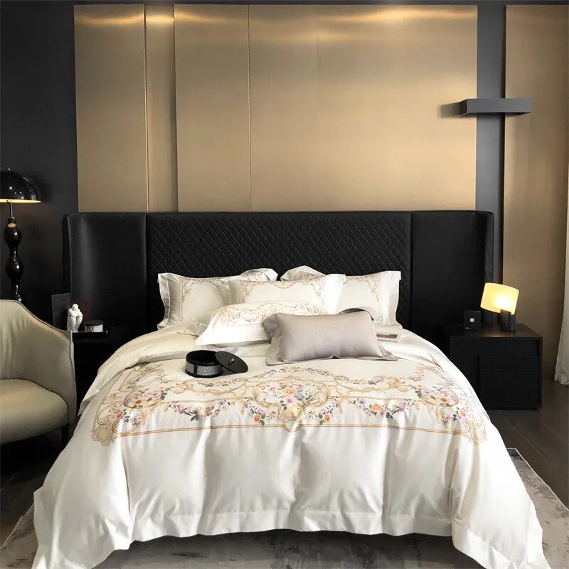 Luxury White Floral European Palace Princess Embroidered Duvet Cover, 1000TC Egyptian Cotton Bedding Set