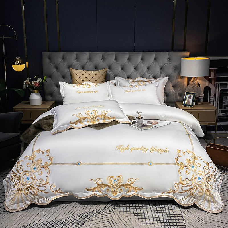 Luxury Gold Emerald European Embroidered Soft Duvet Cover Set, 600TC Egyptian Cotton Bedding Set