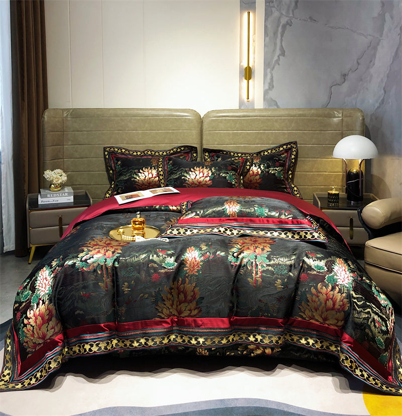 Luxury Black Burgundy Silk Flower Jacquard Europe Embroidered Duvet Cover Set, Egyptian Cotton 1000TC Bedding Set