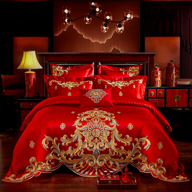 Luxury Red Gold Oriental Wedding Royal Embroidered Duvet Cover Set, Cotton Fabric Bedding Set