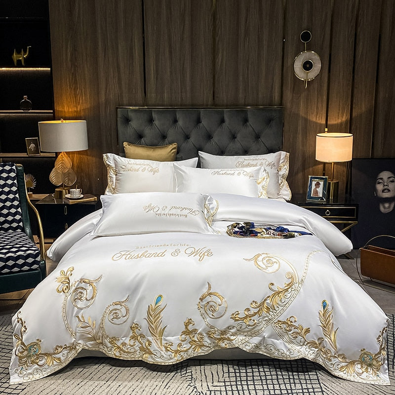 Luxury White Gold Feather Peacock Soft Silky Embroidered Duvet Cover Set, 600TC Satin Silk Cotton Bedding Set