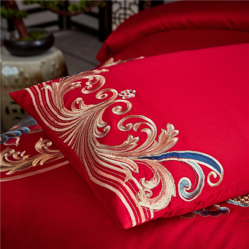 Red Gold Luxury Wedding Dragon Phoenix Embroidery Tassel Duvet Cover, 1400TC Egyptian Cotton Bedding Set