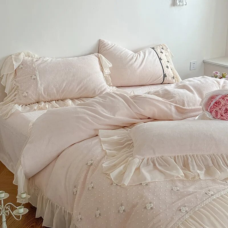 Black White Flower Romantic Embroidered Ruffles French Duvet Cover, Velvet Fleece Bedding Set