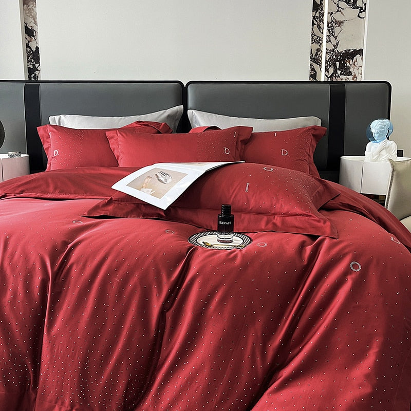 Star Rhinestone Black Red Egyptian Cotton Luxury Silky Duvet Cover Bedding Set
