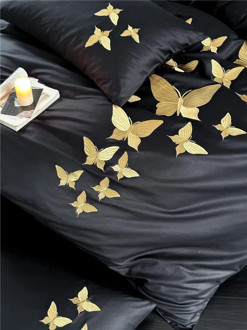 Golden Black Luxury Chic Butterfly Embroidered Duvet Cover Set, 1000TC Egyptian Cotton Bedding Set