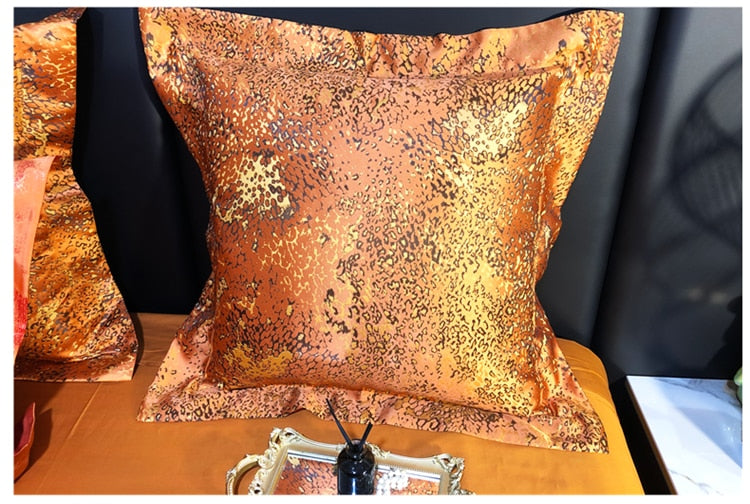 Luxury Leopard Black Orange Satin Jacquard Duvet Cover Set, Egyptian Cotton 1200TC Bedding Set