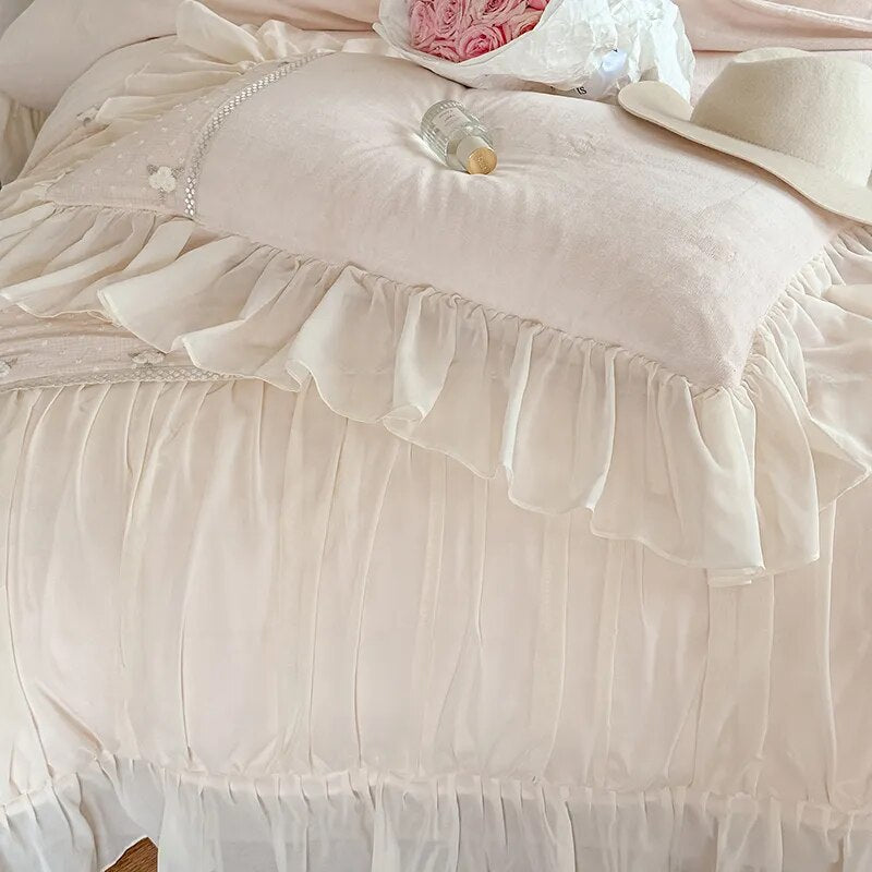 Black White Flower Romantic Embroidered Ruffles French Duvet Cover, Velvet Fleece Bedding Set