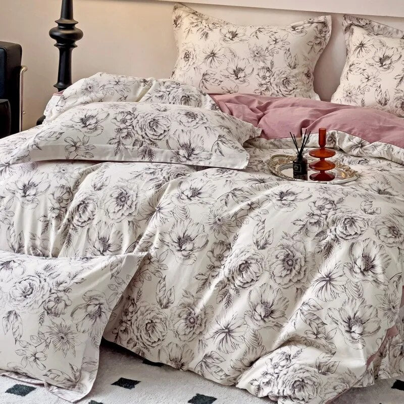 Pink Rose Flowers Premium Family Duvet Cover Set, 100%Cotton Brushed Bedding Set