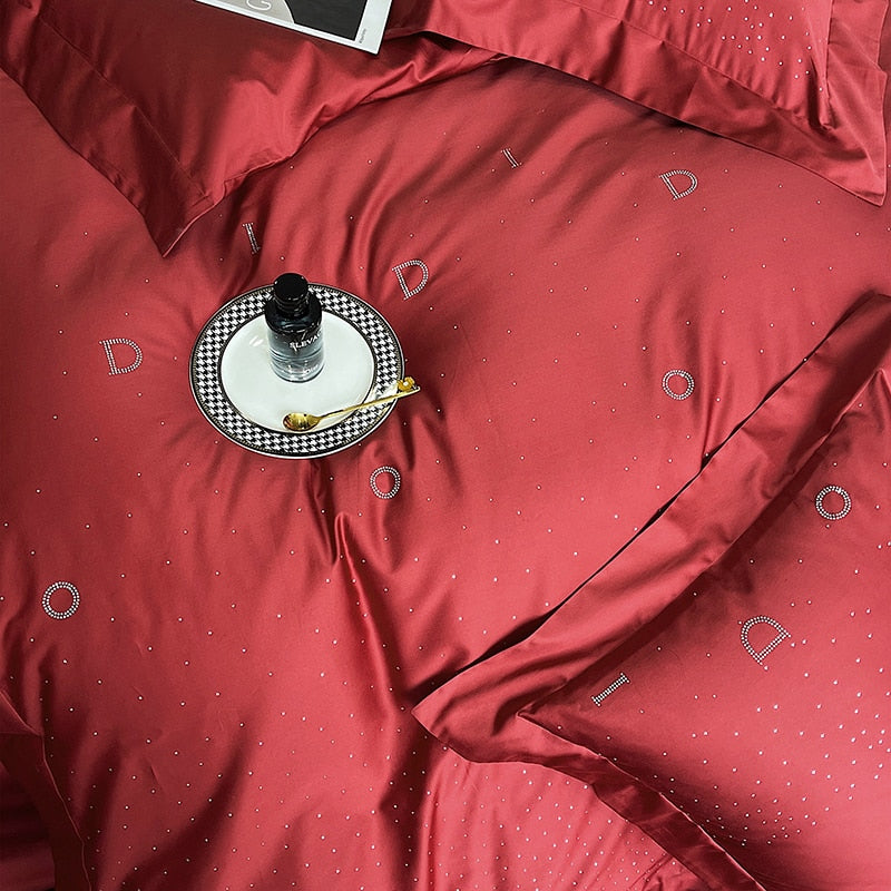 Star Rhinestone Black Red Egyptian Cotton Luxury Silky Duvet Cover Bedding Set