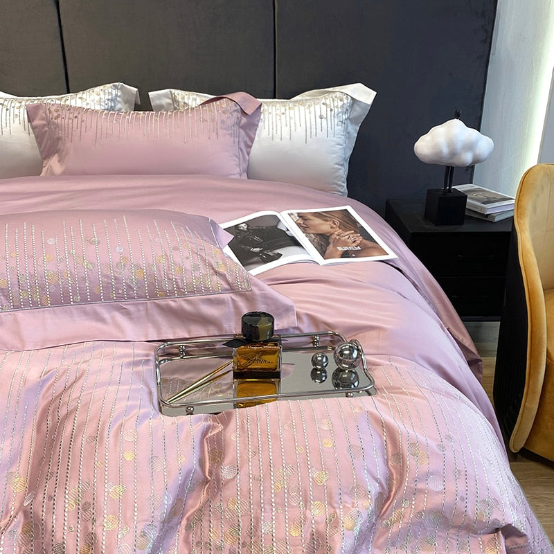 Luxury Blue Purple Chic Embroidery Duvet Cover Set, 1000TC Egyptian Cotton Bedding Set