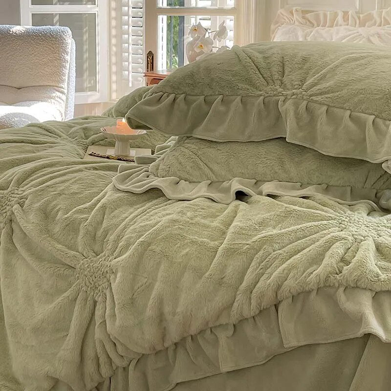Cream Pink Love Heart Twisted Flower Fur Velvet Fleece Girls Child Duvet Cover Bedding Set