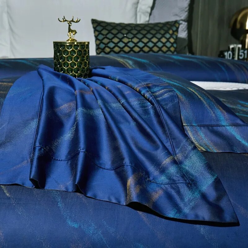 Grey Blue Luxury Long Striped Jacquard Duvet Cover Set, 1000TC Egyptian Cotton Bedding Set