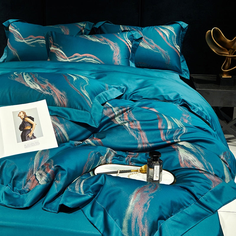 Luxury Green Satin Art Paint Patchwork Jacquard Duvet Cover Set, 1000TC Egyptian Cotton Bedding Set