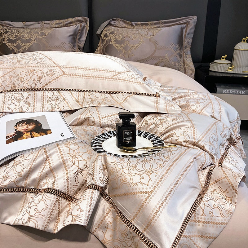 Luxury Gold Baroque Satin European Patchwork Jacquard Duvet Cover Set, 1000TC Egyptian Cotton Bedding Set