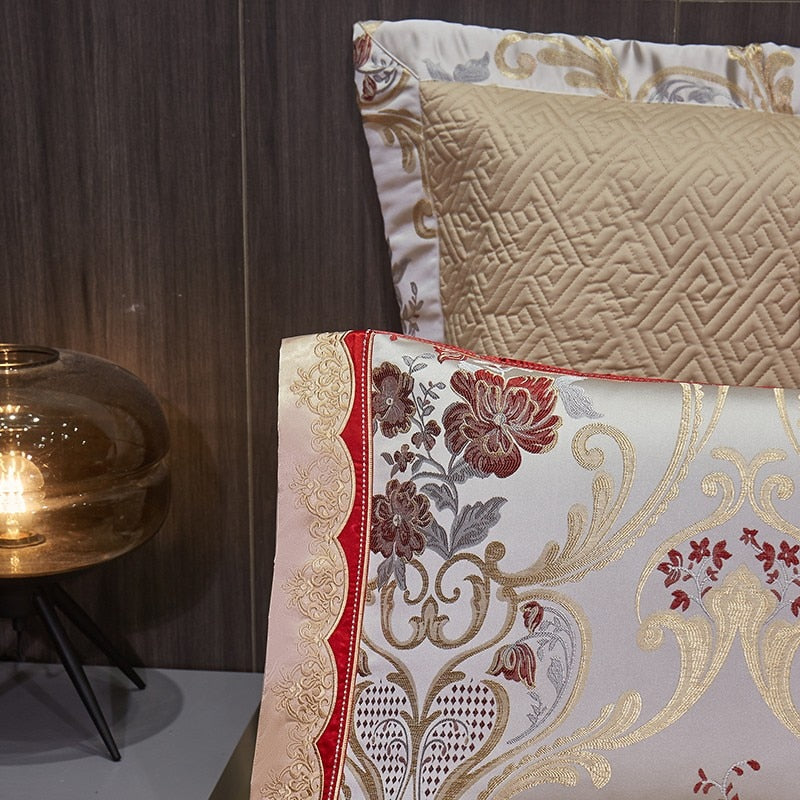 European Luxury Red Gold Cotton 1000TC Embroidered Satin Jacquard Duvet Cover Bedding Set