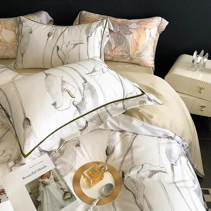 Beauty Tropical Leaves Nature Soft Duvet Cover Set, 1000TC Eucalyptus Lyocell Fabric Bedding Set
