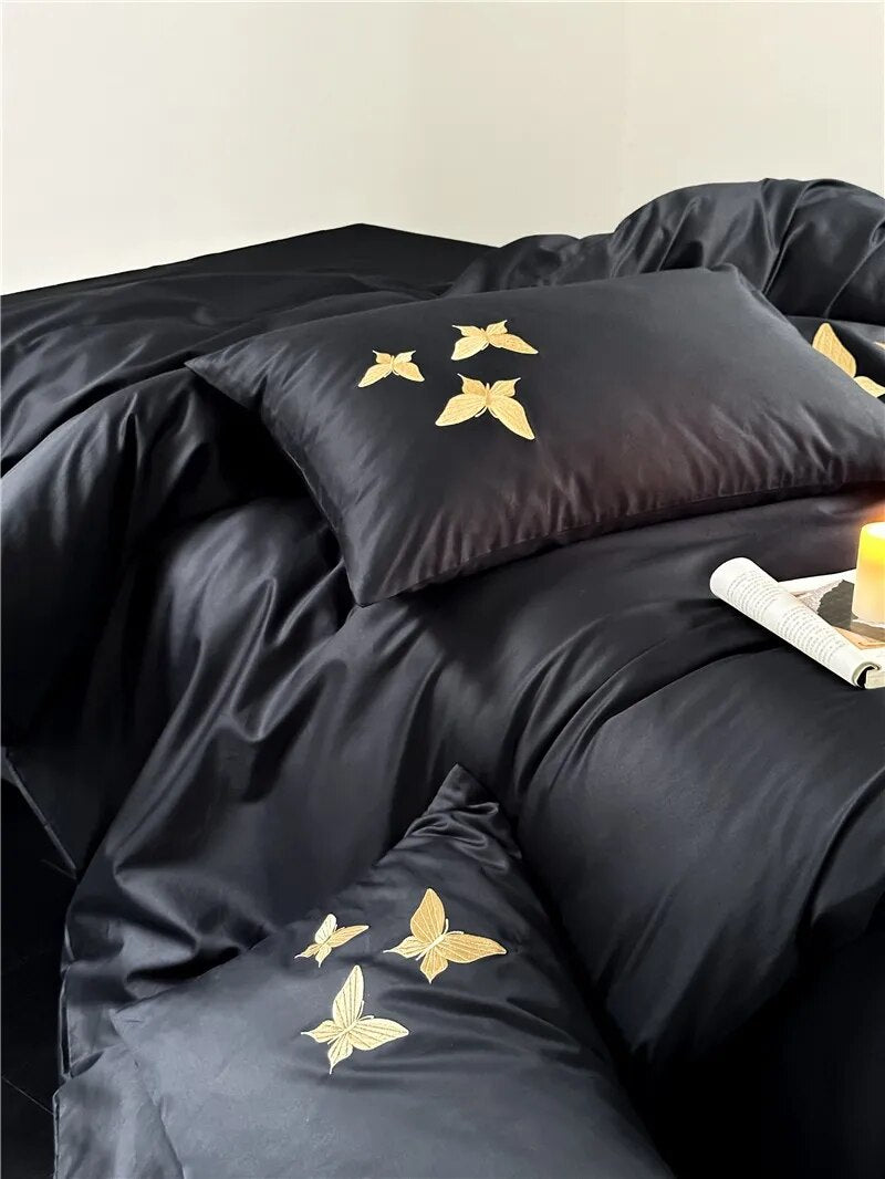 Golden Black Luxury Chic Butterfly Embroidered Duvet Cover Set, 1000TC Egyptian Cotton Bedding Set