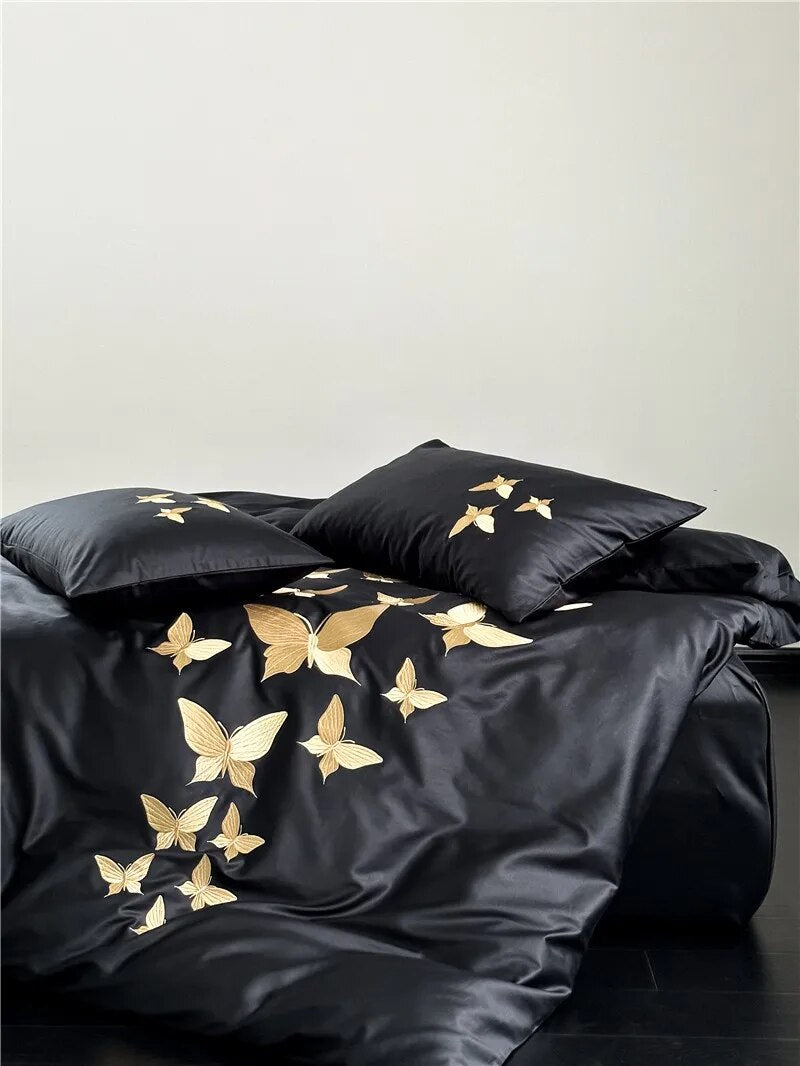 Golden Black Luxury Chic Butterfly Embroidered Duvet Cover Set, 1000TC Egyptian Cotton Bedding Set