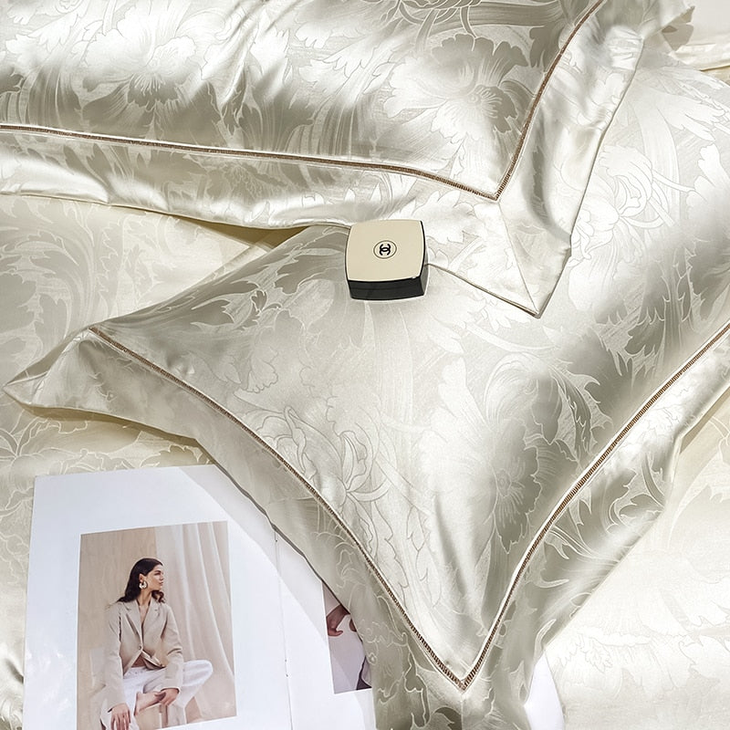 Gold White Luxury European Palace Satin Jacquard Egyptian Cotton 1000TC Duvet Cover Bedding Set