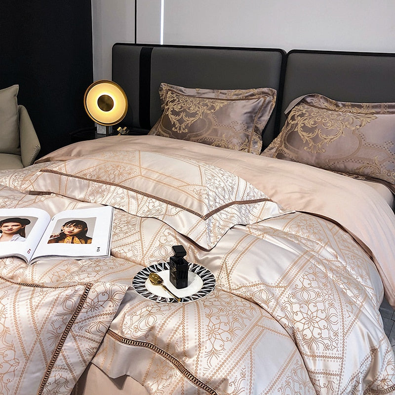 Luxury Gold Baroque Satin European Patchwork Jacquard Duvet Cover Set, 1000TC Egyptian Cotton Bedding Set