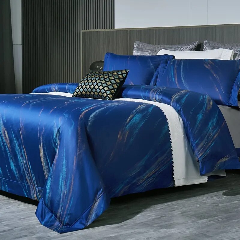 Grey Blue Luxury Long Striped Jacquard Duvet Cover Set, 1000TC Egyptian Cotton Bedding Set