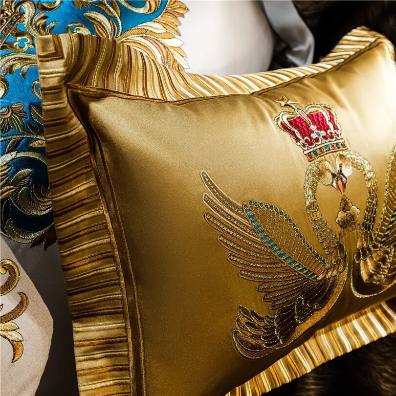 Gold Blue Crown Baroque Luxury Embraided Duvet Cover Set, Cotton Satin Fabric 1000TC Bedding Set