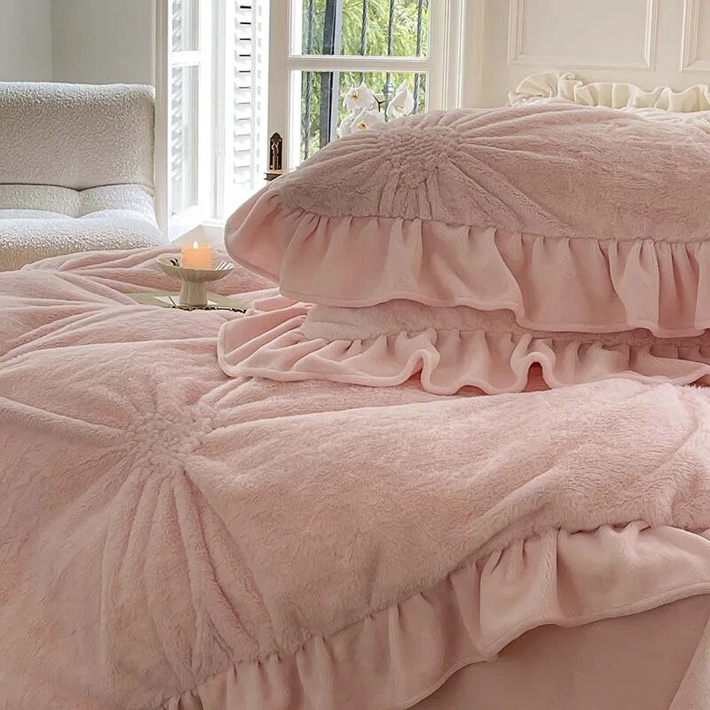 Cream Pink Love Heart Twisted Flower Fur Velvet Fleece Girls Child Duvet Cover Bedding Set