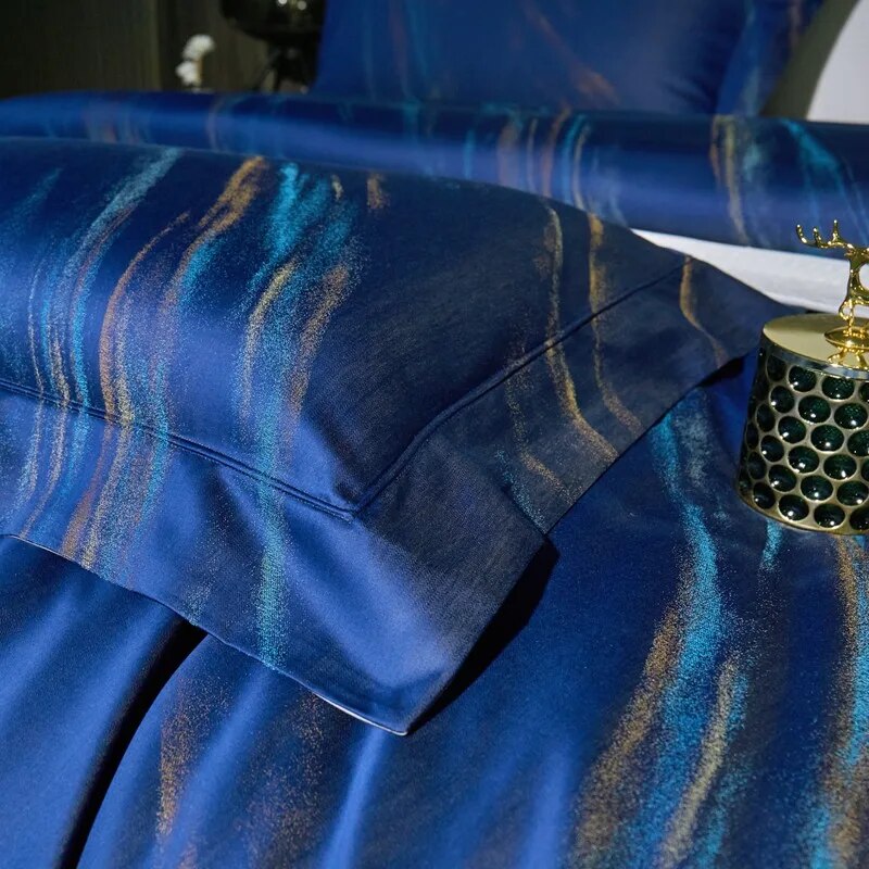 Grey Blue Luxury Long Striped Jacquard Duvet Cover Set, 1000TC Egyptian Cotton Bedding Set