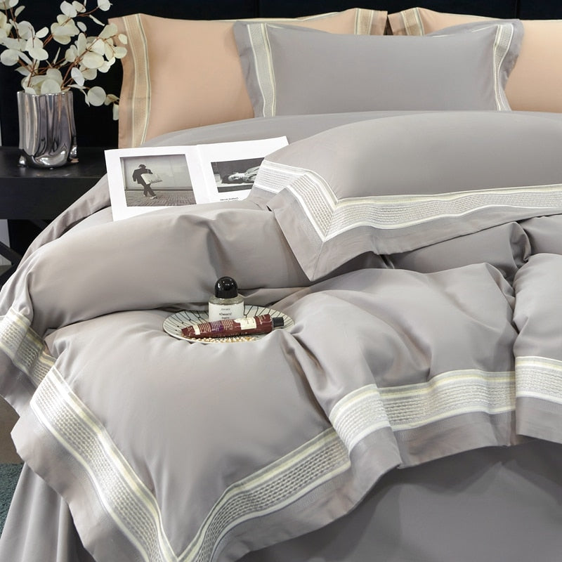 Luxury Pink Grey Brushed Embroidery Long Striped Duvet Cover, 1400TC Egyptian Cotton Bedding Set