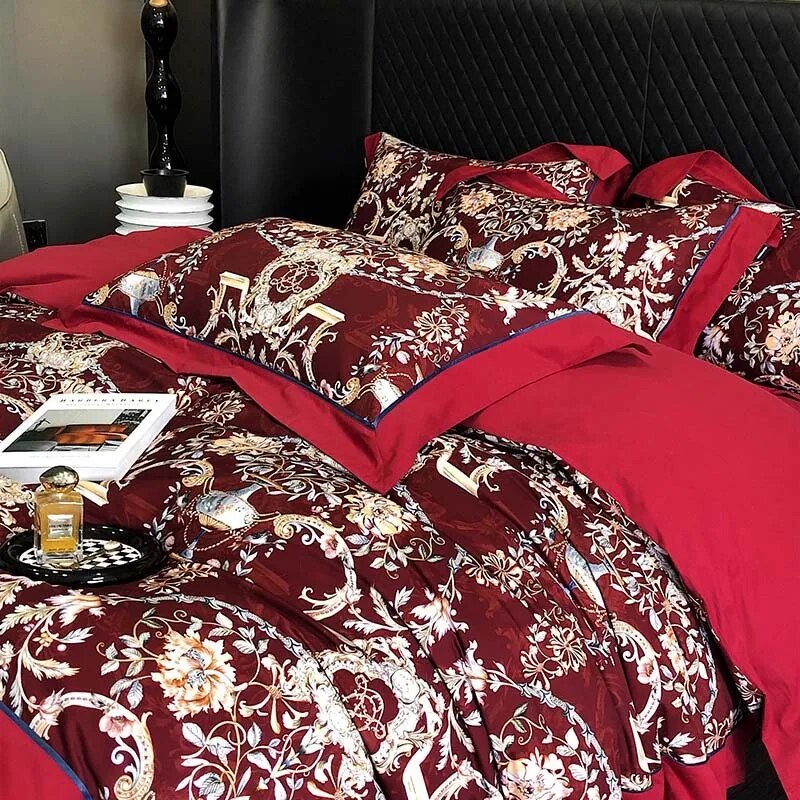 Green Red Vintage Pastoral Leaves Flowers Duvet Cover Set, 1000TC Brushed Cotton Bedding Set
