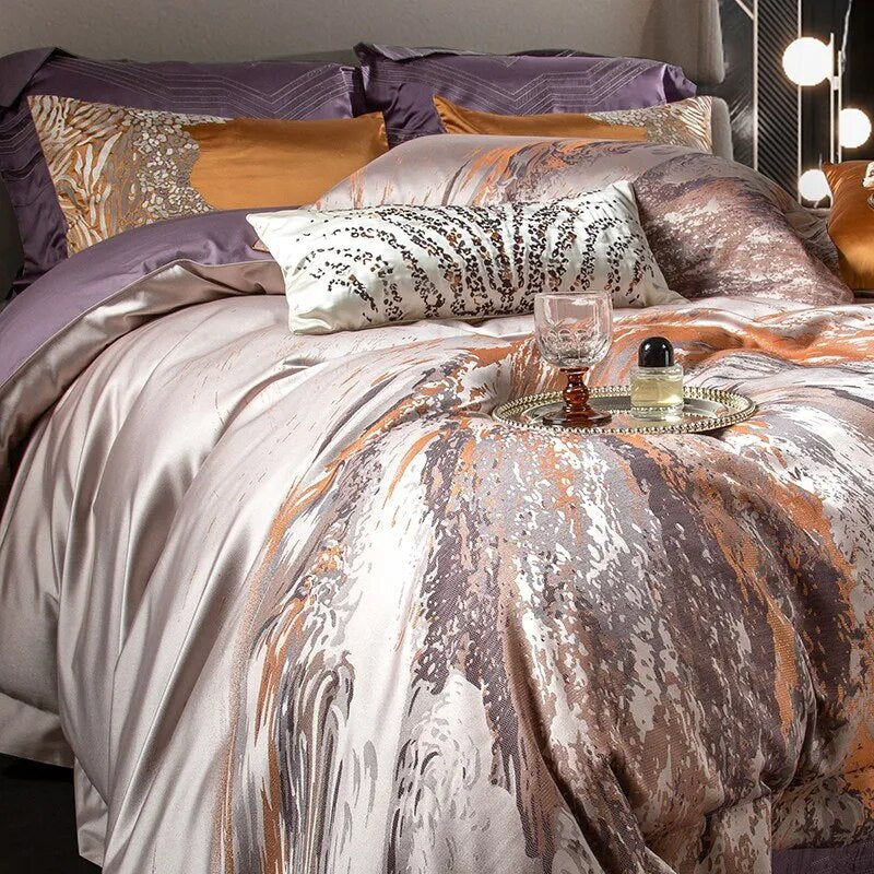Grey Champagne Luxury Royal Art Leopard Patten Jacquard Duvet Cover Set, Satin 1500TC Egyptian Cotton Bedding Set
