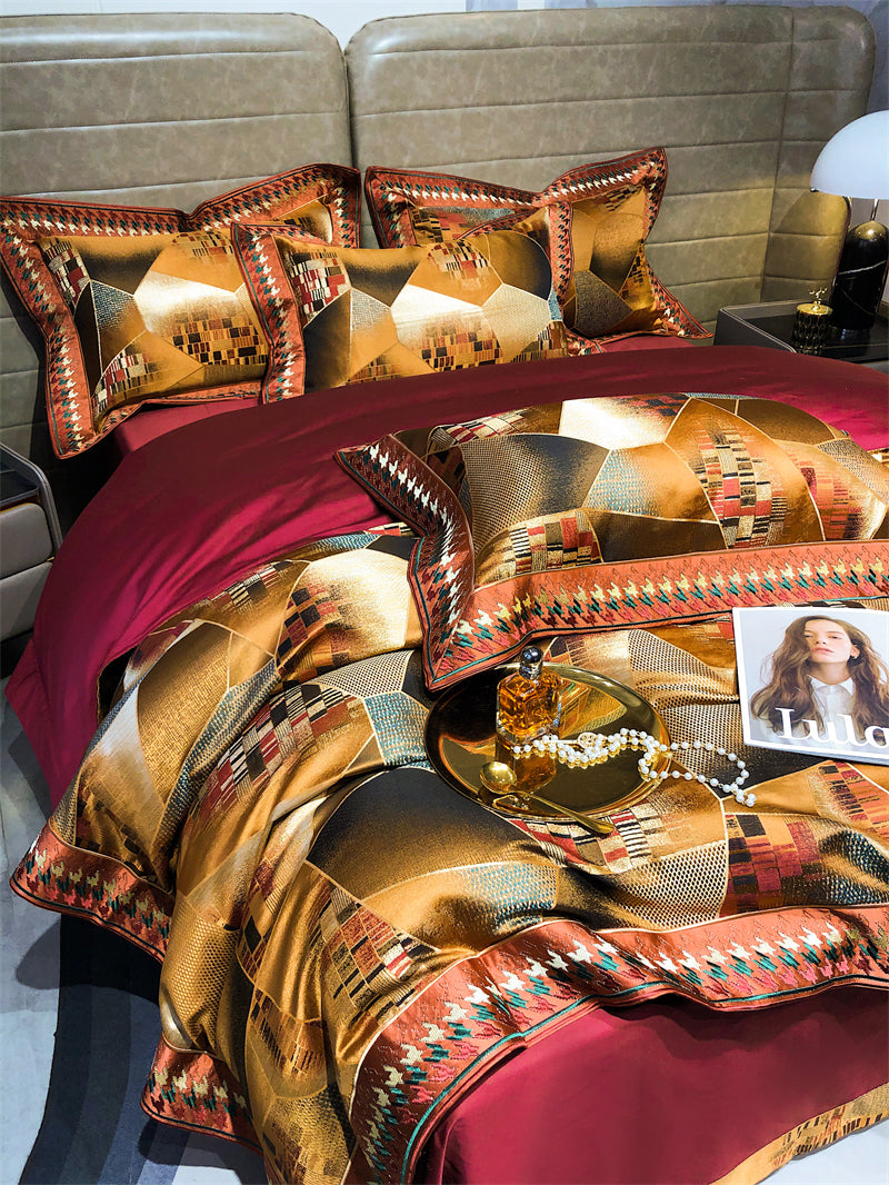 Luxury Black Burgundy Silk Flower Jacquard Europe Embroidered Duvet Cover Set, Egyptian Cotton 1000TC Bedding Set
