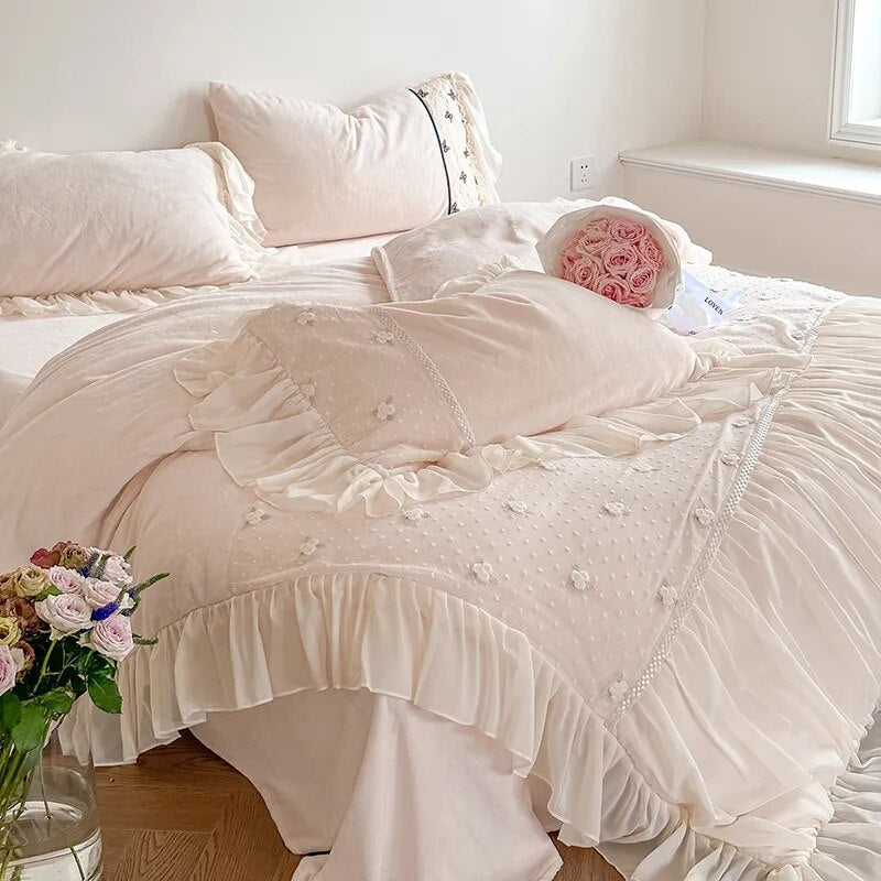 Black White Flower Romantic Embroidered Ruffles French Duvet Cover, Velvet Fleece Bedding Set
