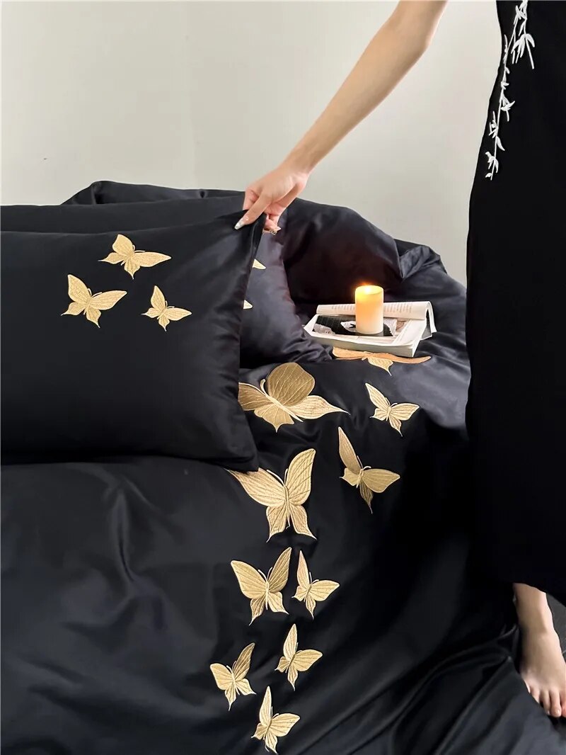 Golden Black Luxury Chic Butterfly Embroidered Duvet Cover Set, 1000TC Egyptian Cotton Bedding Set