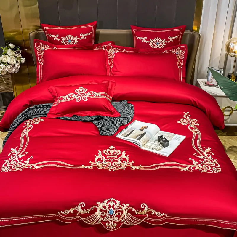 White Gold Red Luxury Baroque Europe Embroidery Duvet Cover Set, 600TC Cotton Bedding Set