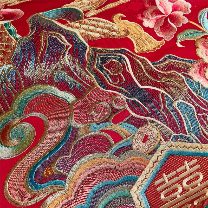 Luxury Gold Red Phoenix Wedding Wealth Duvet Cover Set, 1200TC Egyptian Cotton Bedding Set