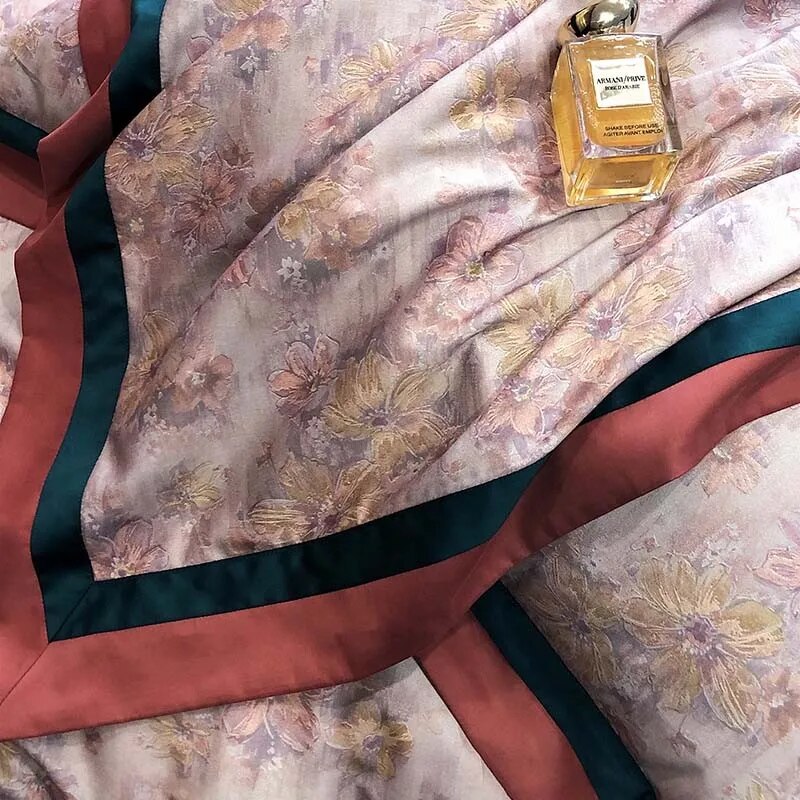 Green Red Vintage Pastoral Leaves Flowers Duvet Cover Set, 1000TC Brushed Cotton Bedding Set