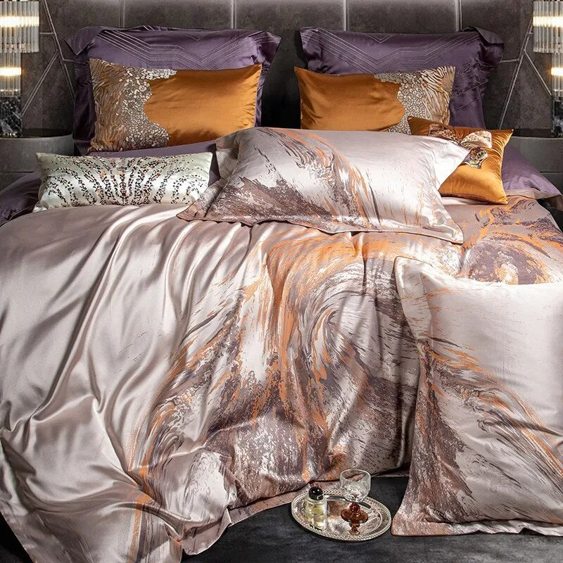 Grey Champagne Luxury Royal Art Leopard Patten Jacquard Duvet Cover Set, Satin 1500TC Egyptian Cotton Bedding Set