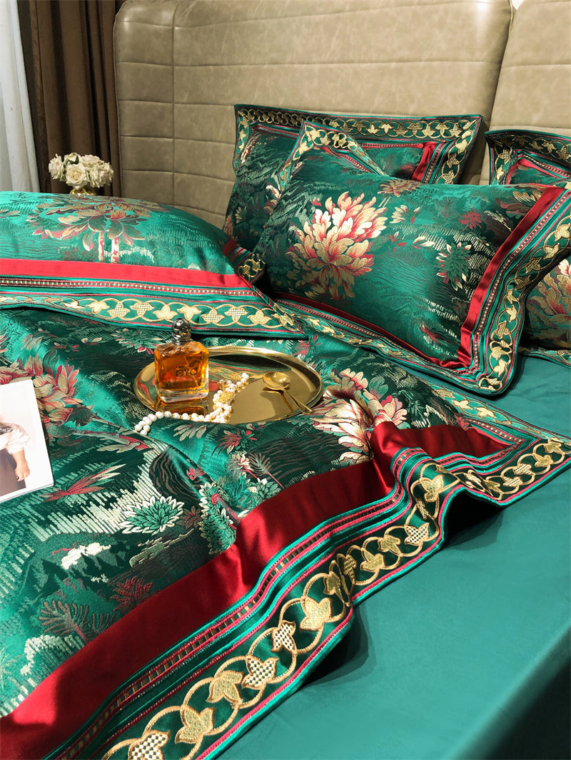 Luxury Black Burgundy Silk Flower Jacquard Europe Embroidered Duvet Cover Set, Egyptian Cotton 1000TC Bedding Set