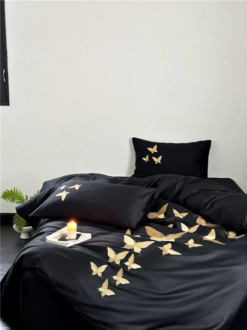 Golden Black Luxury Chic Butterfly Embroidered Duvet Cover Set, 1000TC Egyptian Cotton Bedding Set